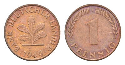 ФРГ 1 пфенниг 1949 J KM A101, J. 376 сталь плакированная медью 4685-355