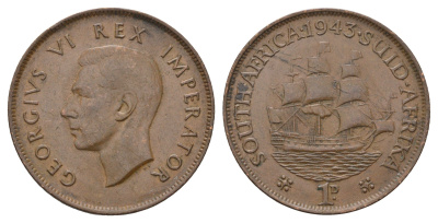 ЮАР 1 пенни 1943 Георг VI (1936-1952) KM 25 бронза 4123-826
