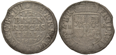 Бранденбург-Пруссия 1/12 талера 1687 IE, Фридрих Вильгельм (1640-1688), монетный двор Магдебург, вес 3 гр. KM 506 серебро 1516-324