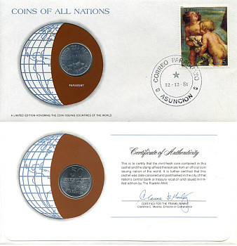 Парагвай 50 гуарани 1980 конверт с маркой первого дня гашения, Coins of Nations KM 169 нержавеющая сталь  UNC   4294-55-1