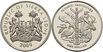 Сьерра-Леоне 1 доллар 2009 XXI зимние Олимпийские Игры, Ванкувер 2010 - животные медно-никель UNC 118-325