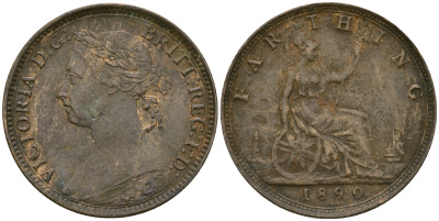 Великобритания 1 фартинг 1890 Виктория (1837-1901) KM 753, Spink 3958 бронза 4364-3661