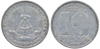 ГДР 10 ПФЕННИГОВ 1967 А алюминий 62-737