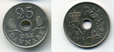 ДАНИЯ 25 ЭРЕ 1972 S; S, ФРЕДЕРИК IX (1947-1972) KM 855.2 медно-никель 54-1165