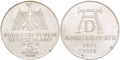 ФРГ 5 марок 1971 D, 500 лет со дня рождения Альбрехта Дюрера KM 129, J. 410 серебро UNC 4545-1133