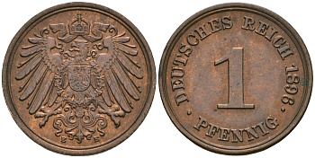 Германия 1 пфенниг 1896 E, Вильгельм II (1888-1918) KM 10, J. 10 медь 1524-542