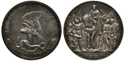Пруссия 3 марки 1913 Вильгельм II (1888-1918), 100 лет победы над Наполеоном KM 534, J. 110 серебро 3711-1235
