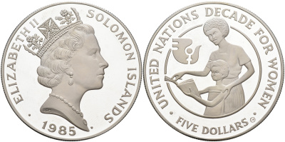 Соломоновы острова 5 долларов 1985 Международный год женщин KM 22 серебро PROOF 11-267-12