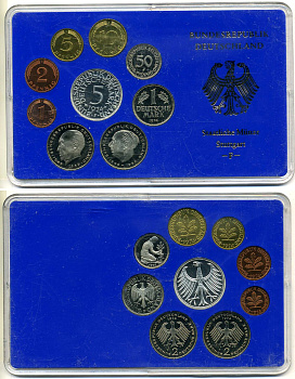 ФРГ набор из 9 монет 1974 F, в оригинальной пластиковой упаковке KM PS 33 PROOF 3-4-8-13