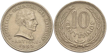 УРУГВАЙ 10 СЕНТЕСИМО 1953 ХОСЕ ХЕРВАСИО АРТИГАС KM 35 медно-никель 57-1335