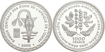 Валютный Союз стран Западной Африки 1000 франков 2002 тираж 500 экземпляров KM 16 серебро PROOF 00-00