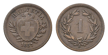 Швейцария 1 раппен 1857 B KM 3.1 бронза 1531-1224