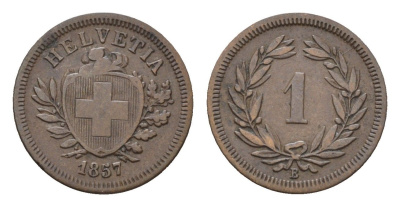 Швейцария 1 раппен 1857 B KM 3.1 бронза 1531-1224
