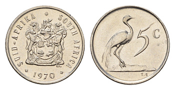 ЮАР 5 центов 1970 герб, райский журавль KM 84 медно-никель UNC 4682-737