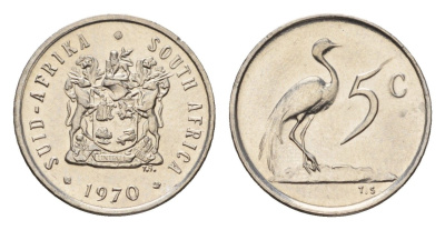 ЮАР 5 центов 1970 герб, райский журавль KM 84 медно-никель UNC 4682-737