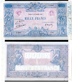 Франция 1000 франков 1925 Женщина, Меркурий Pick 67 j бумага 451-1176-1