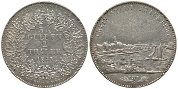 Франкфурт 2 талера = 3 1/2 гульдена 1843 городской вид KM 329, AKS 3, Jg. 15, Dav. 640, Thun 130 серебро 10-015-38