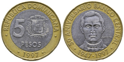 Доминиканская республика 5 песо 1997 50 лет центральному банку KM 88 биметалл 4610-824
