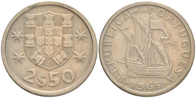 ПОРТУГАЛИЯ 2,5 ЭСКУДО 1968 ПАРУСНИК KM 590 медно-никель 75-1435