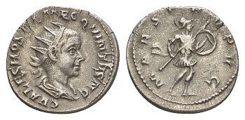 Римская Империя антониниан 251 Гостилиан, C VALES [sic!] HOSTIL MES QVINTVS N C, бюст императора/MARS PROPVG, Марс с копьем и щитом, Рим, About extremely fine RIC 176c var. серебро 00-812-58