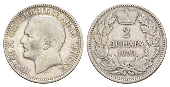 Сербия 2 динара 1879 Милан I (1868-1889) KM 11 серебро 1518-214