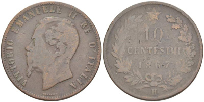 Италия 10 чентезимо 1867 H, Виктор Эммануил II (1861-1878) KM 11.3 медь 4526-834
