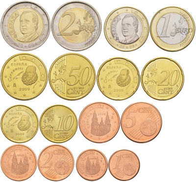 Испания евронабор из 8 монет 2009 1, 2, 5, 10, 20, 50 евроцентов, 1 и 2 евро KM 1040, 1041, 1042, 1070, 1071, 1072, 1073, 1074 UNC 183-531