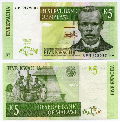 Малави 5 квача 1997 Джон Чилембве, озеро Малави Pick 36 a бумага UNC (пресс) 6262-28-1-2