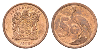 ЮАР 5 центов 1996 герб, райский журавль KM 160 сталь плакированная медью UNC 4687-216