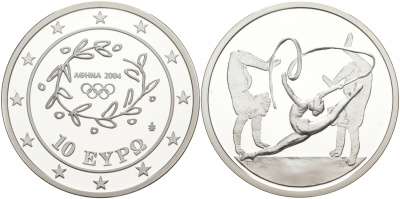 Греция 10 евро 2003 XXVIII летние Олимпийские игры 2004 года в Афинах, художественная гимнастика KM 199 серебро PROOF 00-00