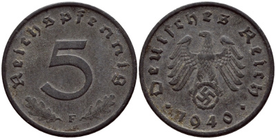 ГЕРМАНИЯ 5 РЕЙХСПФЕННИГОВ 1940 F, KM 100, J. 370 цинк 4392-418