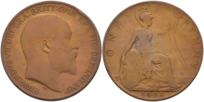 Великобритания 1 пенни 1908 Эдуард VII (1901-1910) KM 794.2, Spink 3990 бронза 4593-136