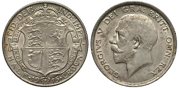 Великобритания 1/2 кроны 1915 Георг V (1910-1936), штемпельный блеск KM 818.1, Spink 4011 серебро UNC 1518-121