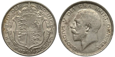 Великобритания 1/2 кроны 1915 Георг V (1910-1936), штемпельный блеск KM 818.1, Spink 4011 серебро UNC 1518-121