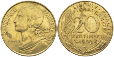ФРАНЦИЯ 20 САНТИМОВ 1989 ТИП MARIANNE KM 930, LE FRANC 156.29 медь алюминий никель 175-912