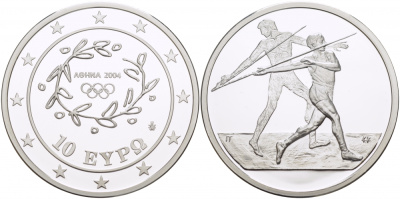 Греция 10 евро 2003 XXVIII летние Олимпийские игры 2004 года в Афинах, метание копья KM 193 серебро PROOF 06-271-35
