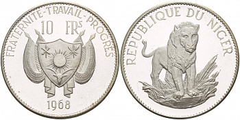 Нигер 10 франков 1968 лев, без черты над Е, в слове Republique KM 8.2 серебро PROOF 1091-1-12