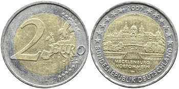 ФРГ 2 евро 2007 F, серия федеральные земли, Мекленбург-Передняя Померания, Шверинский замок KM 260 биметалл 4681-626