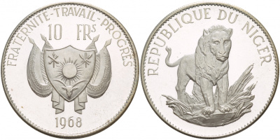 Нигер 10 франков 1968 лев, без черты над Е, в слове Republique KM 8.2 серебро PROOF 1091-1-12