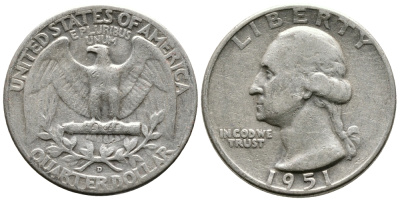 США 25 центов = квотер 1951 Вашингтон KM 164 серебро 4364-343