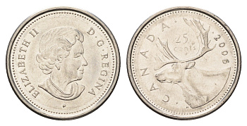 Канада 25 центов 2006 P, Елизавета II (1952-2022), олень KM 493 сталь плакированная никелем UNC 4688-536