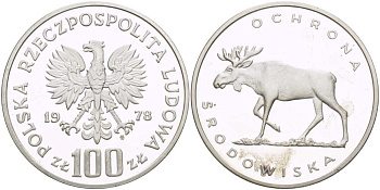 Польша 100 злотых 1978 MW, серия охрана окружающей среды, лось KM 93, Parchimowicz 281 серебро PROOF 1080-1-12