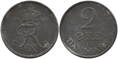 Дания 2 эре 1960 C; S, Фредерик IX (1947-1972) KM 840.2 цинк    4601-845