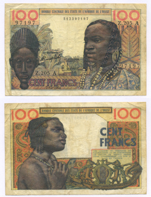 ФРАНЦУЗСКИЕ ЗАПАДНО-АФРИКАНСКИЕ ШТАТЫ 100 ФРАНКОВ 1964 БУКВА А, КОТ-д' ИВУАР, ПОДПИСЬ 3, 2 ДЕКАБРЯ 1964 Pick 101Аd бумага 6301-40-2