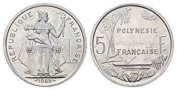 Французская Полинезия 5 франков 1965 год-тип KM 4 алюминий UNC 109-635