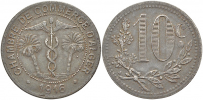 Алжир, Французская оккупация 10 сантимов 1916 Alger Chamber of Commerce KM TnA6 железо 114-922
