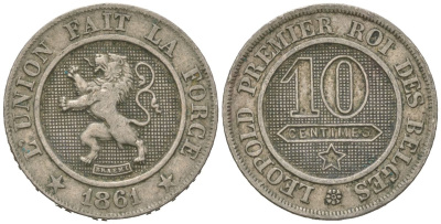 Бельгия 10 сантимов 1861 Леопольд I (1831-1865) KM 22 медно-никель 4615-665