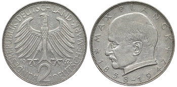 ФРГ 2 марки 1962 G , Макс Планк KM 116, J. 392 медно-никель плакированный никелем 4681-721