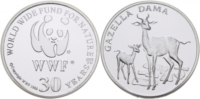 ЕВРОПА МЕДАЛЬ 1986 30 ЛЕТ WWF, ГАЗЕЛЬ, GAZELLA DAMA серебро PROOF 00-00