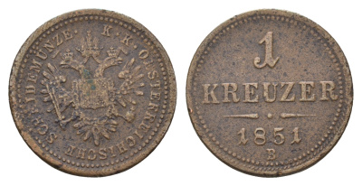 Австрия 1 крейцер 1851 B, Франц Иосиф I (1848-1916) KM 2185 медь    4577-453
